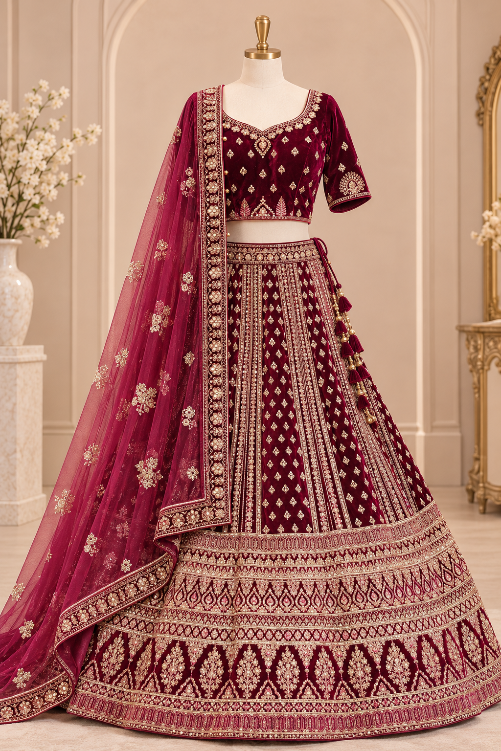 Regal Wine Velvet Bridal Lehenga Set