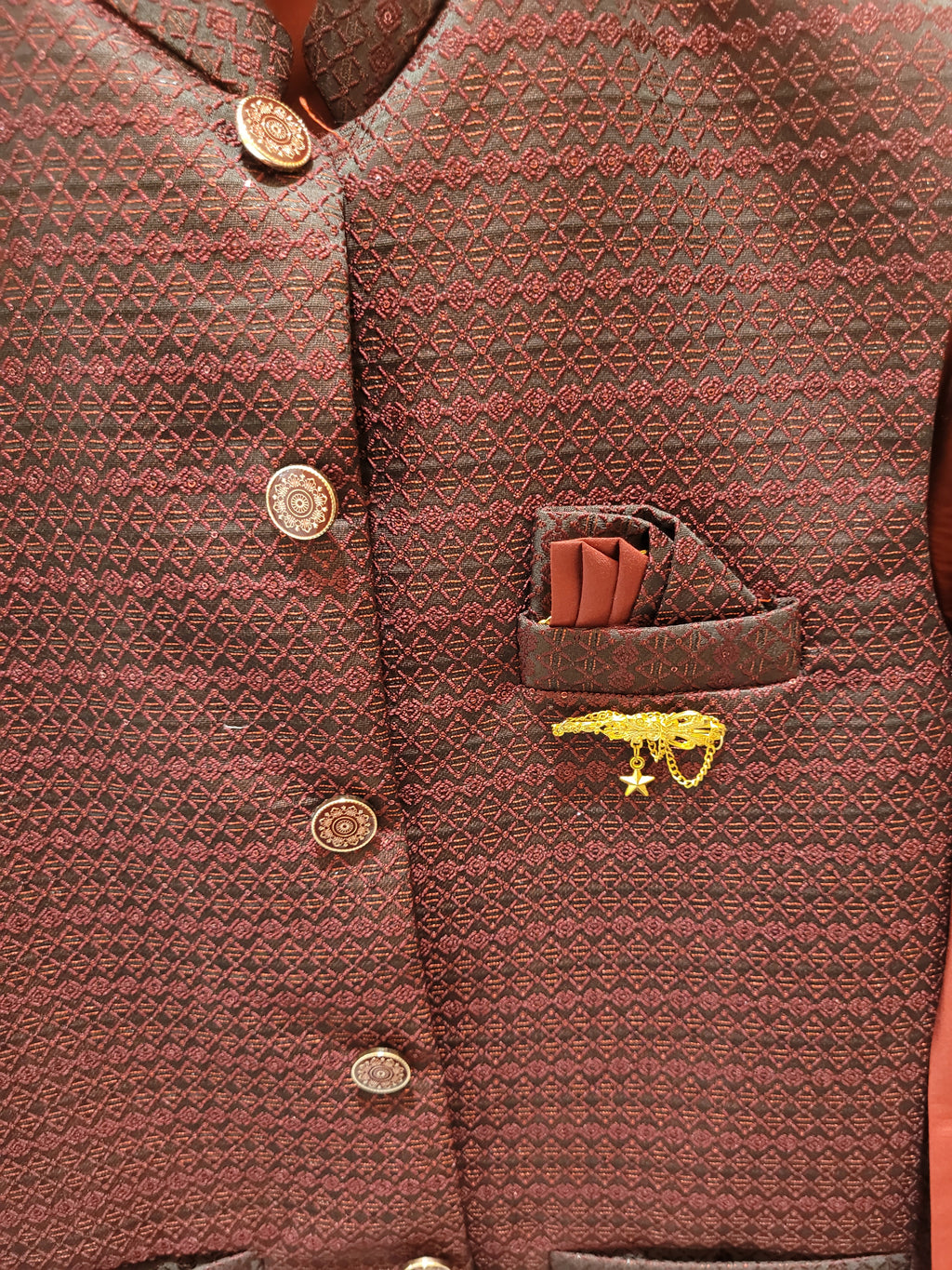 Brick Red Kurta Pyjama Set with Geometric Nehru Jacket