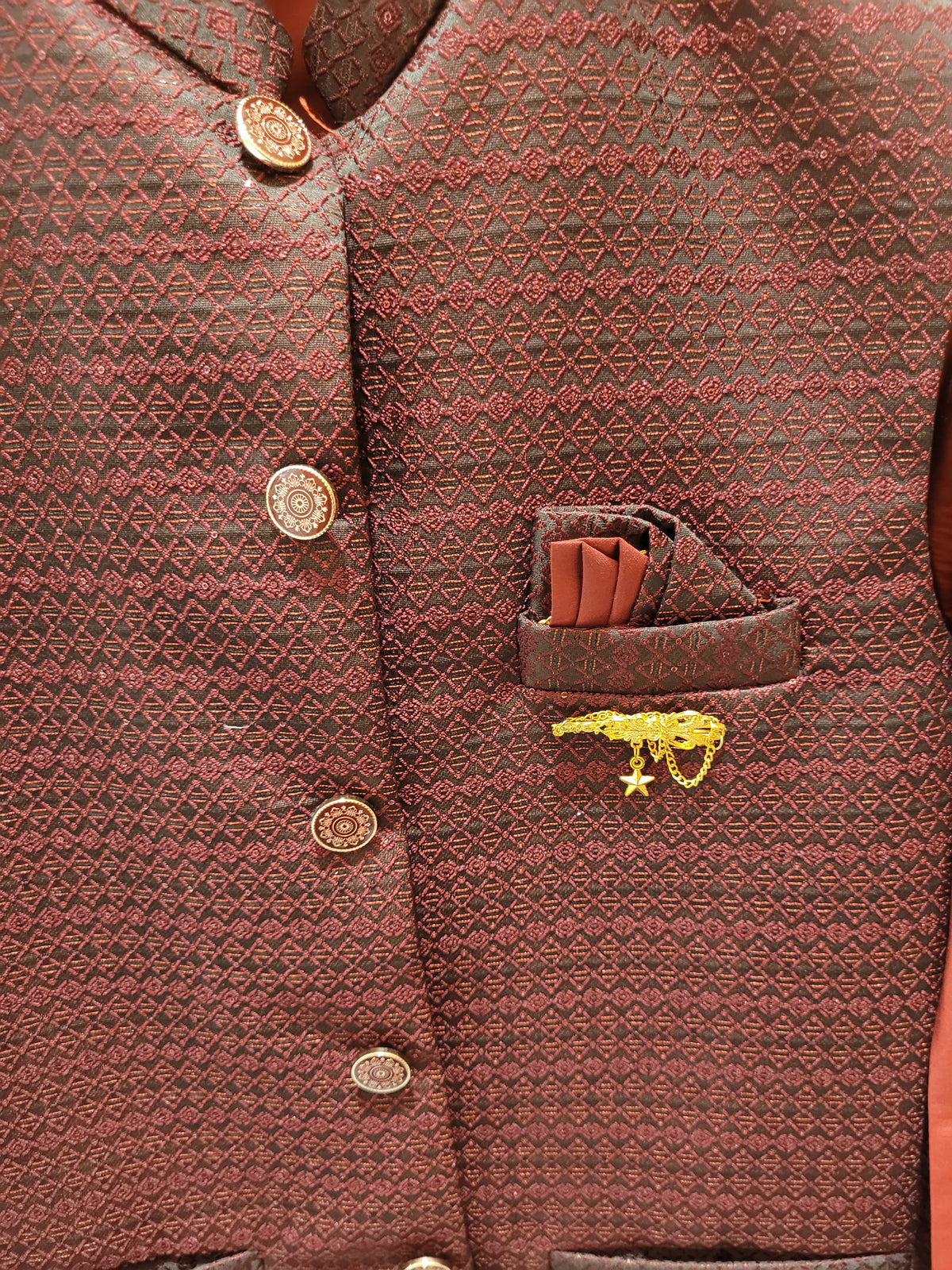 Brick Red Kurta Pyjama Set with Geometric Nehru Jacket