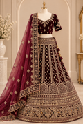 Royal Maroon Velvet Embroidered Bridal Lehenga