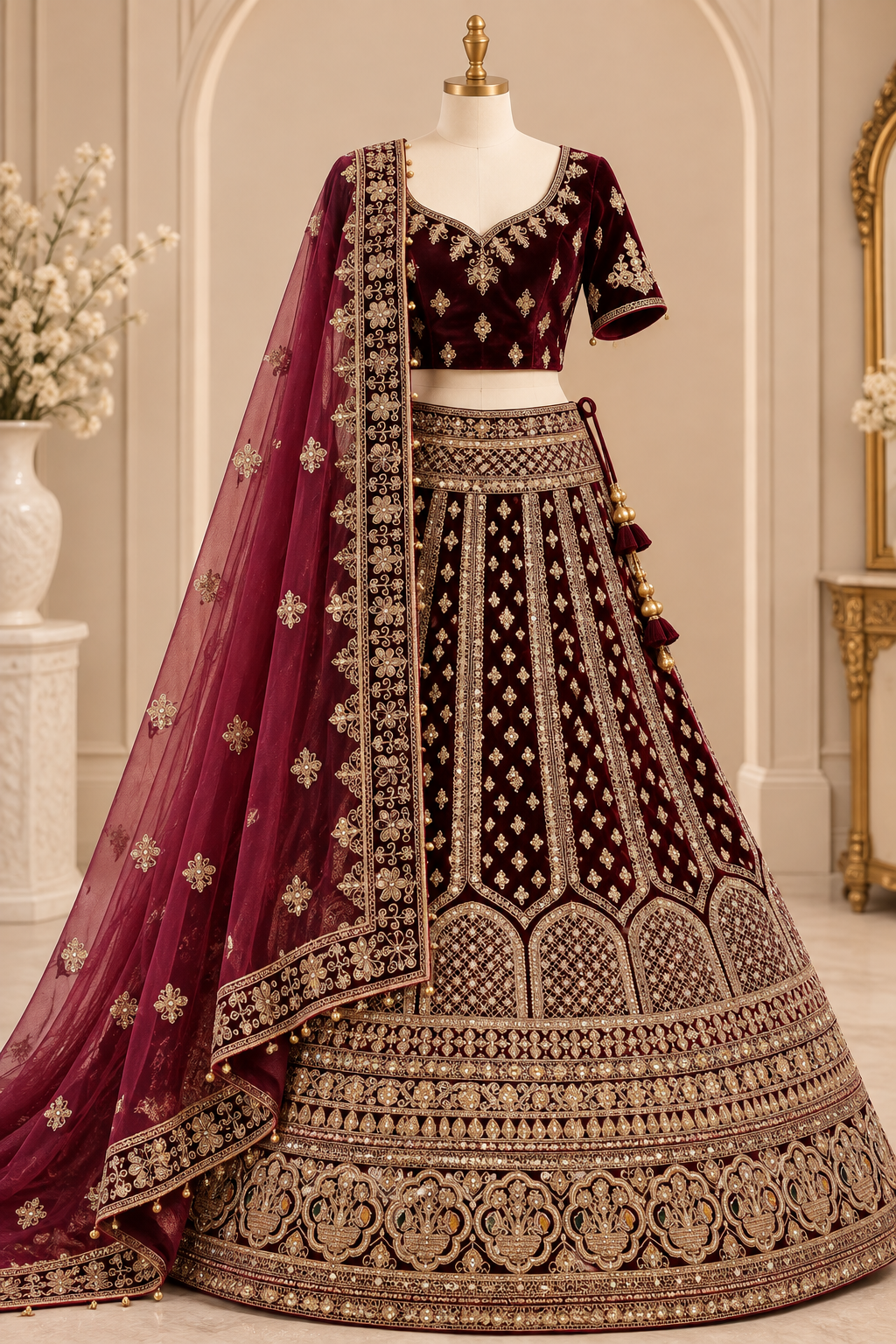 Royal Maroon Velvet Embroidered Bridal Lehenga
