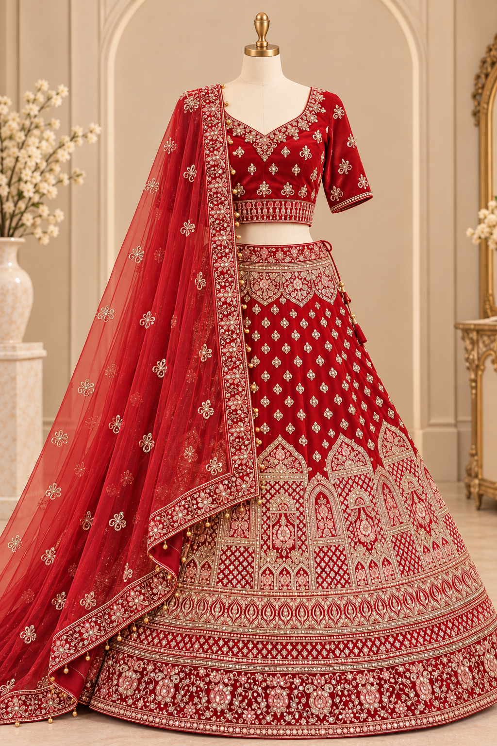 Traditional Red Zari Embroidered Bridal Lehenga