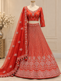 Orange-Red Silver Embroidered Bridal Lehenga Set