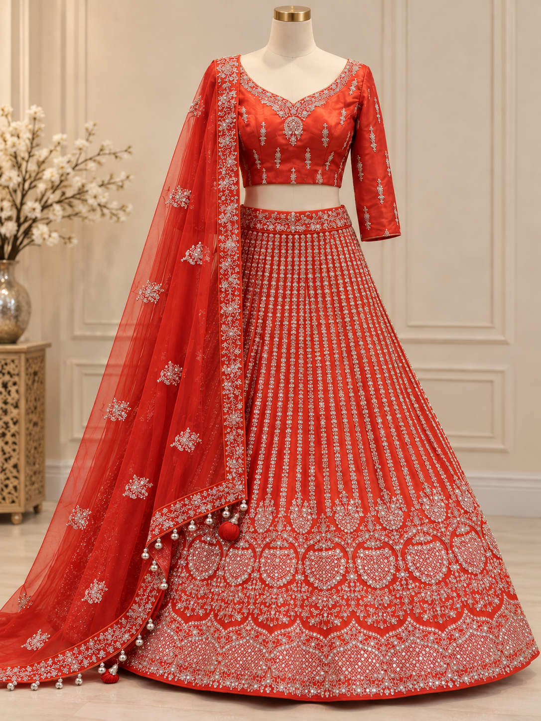 Orange-Red Silver Embroidered Bridal Lehenga Set