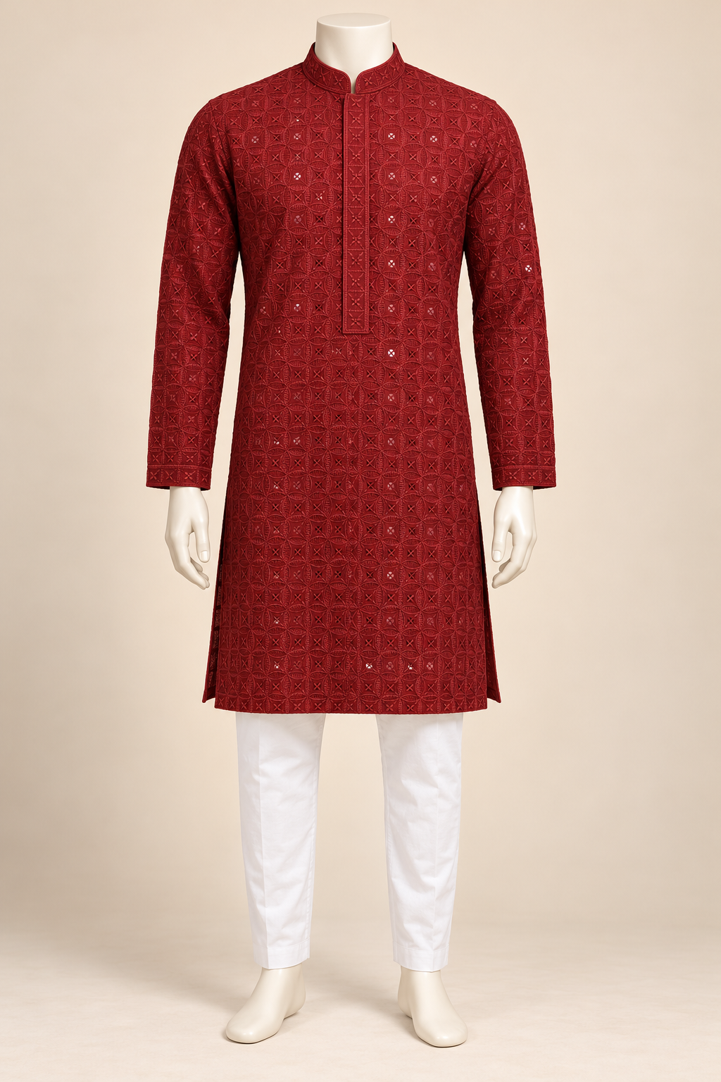 Deep Red Geometric Embroidered Kurta Set