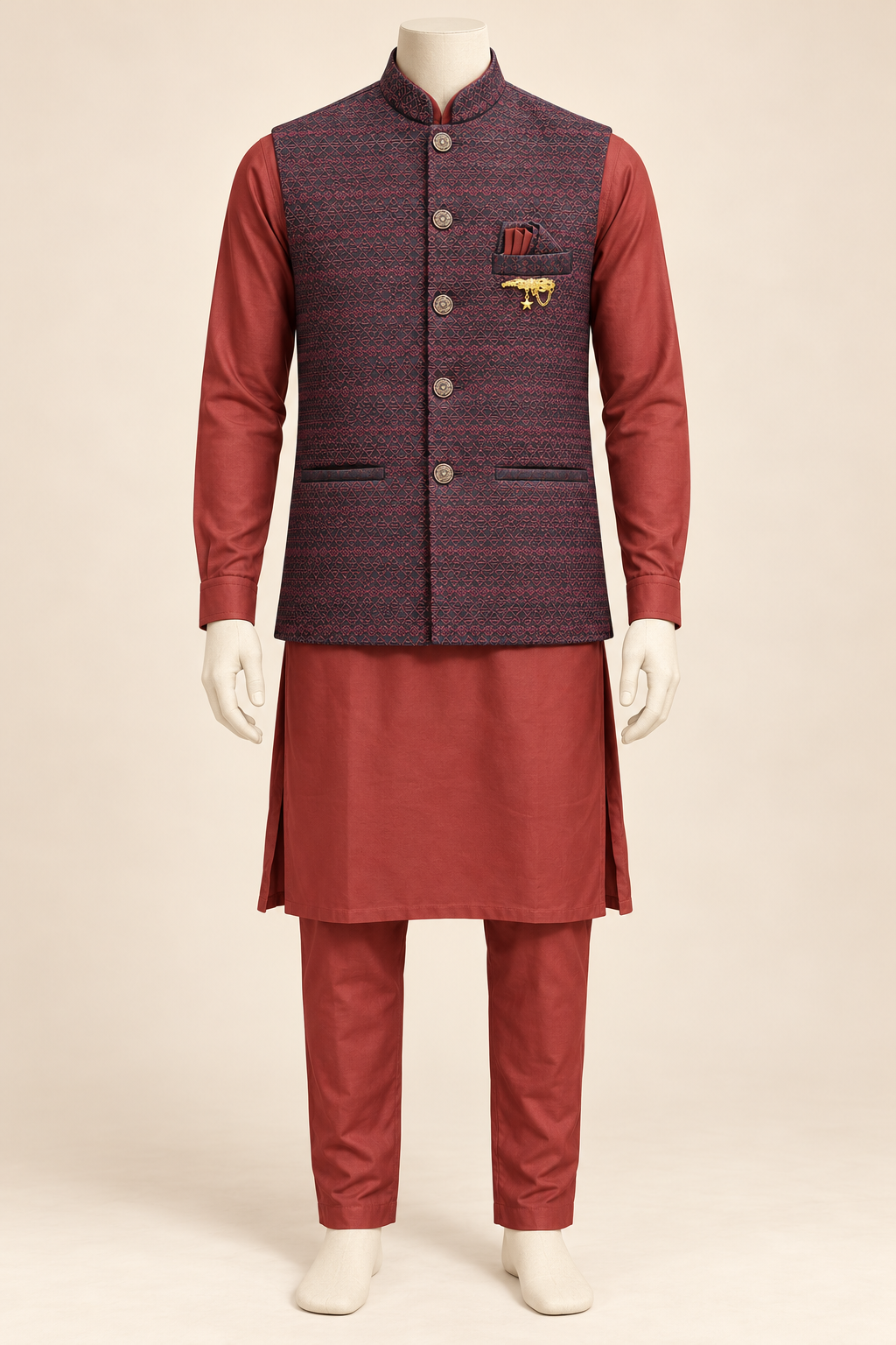 Brick Red Kurta Pyjama Set with Geometric Nehru Jacket