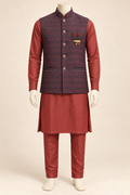 Brick Red Kurta Pyjama Set with Geometric Nehru Jacket