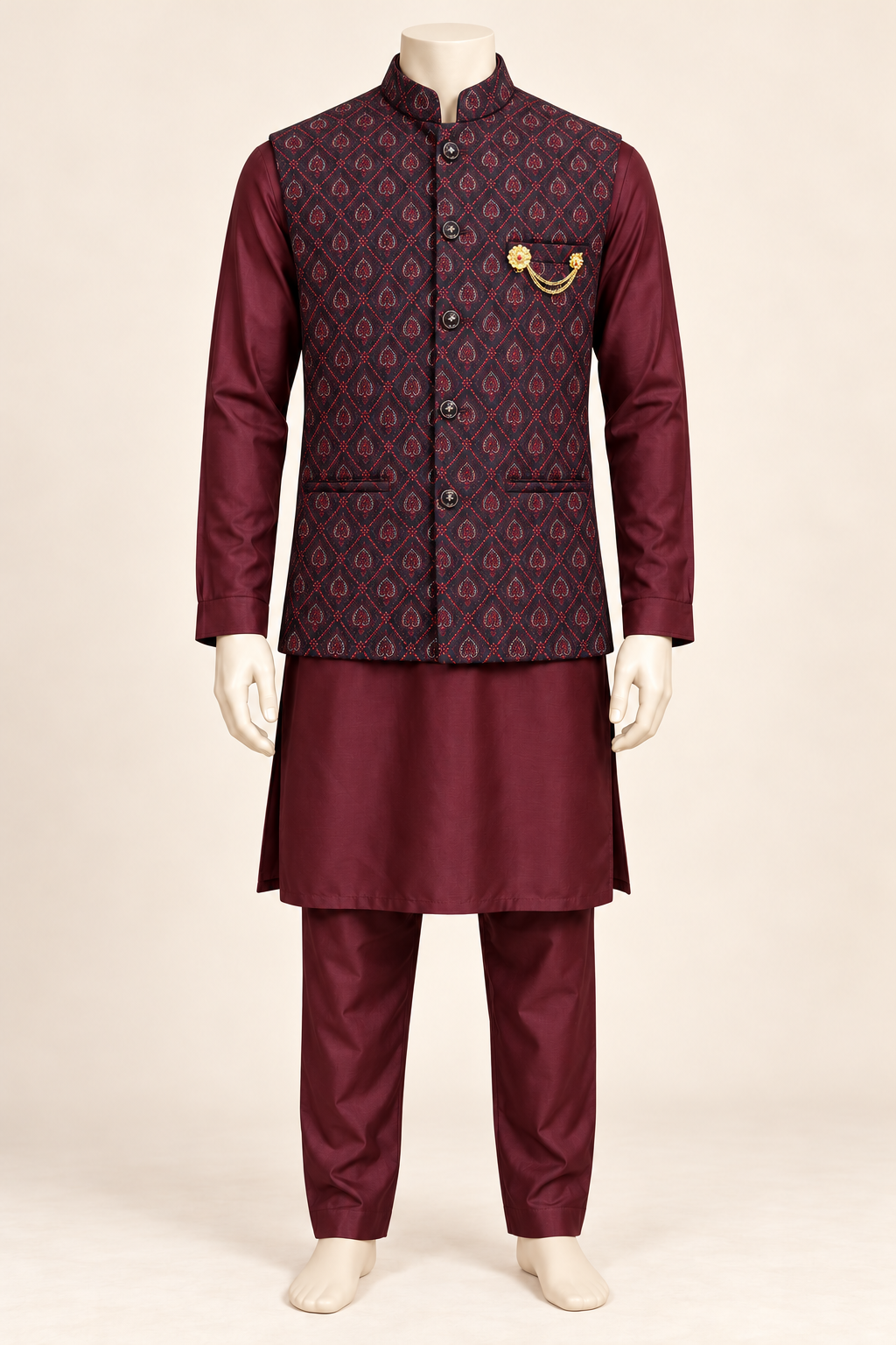 Slate Blue/Burgundy Kurta Pyjama Set with Diamond Pattern Nehru Jacket