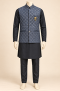 Charcoal Kurta Pyjama Set with Silver-Blue Floral Nehru Jacket