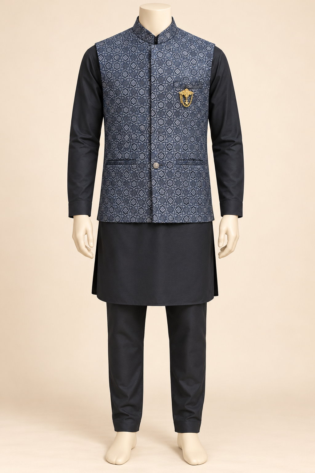 Charcoal Kurta Pyjama Set with Silver-Blue Floral Nehru Jacket