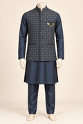 Slate Blue/Burgundy Kurta Pyjama Set with Diamond Pattern Nehru Jacket