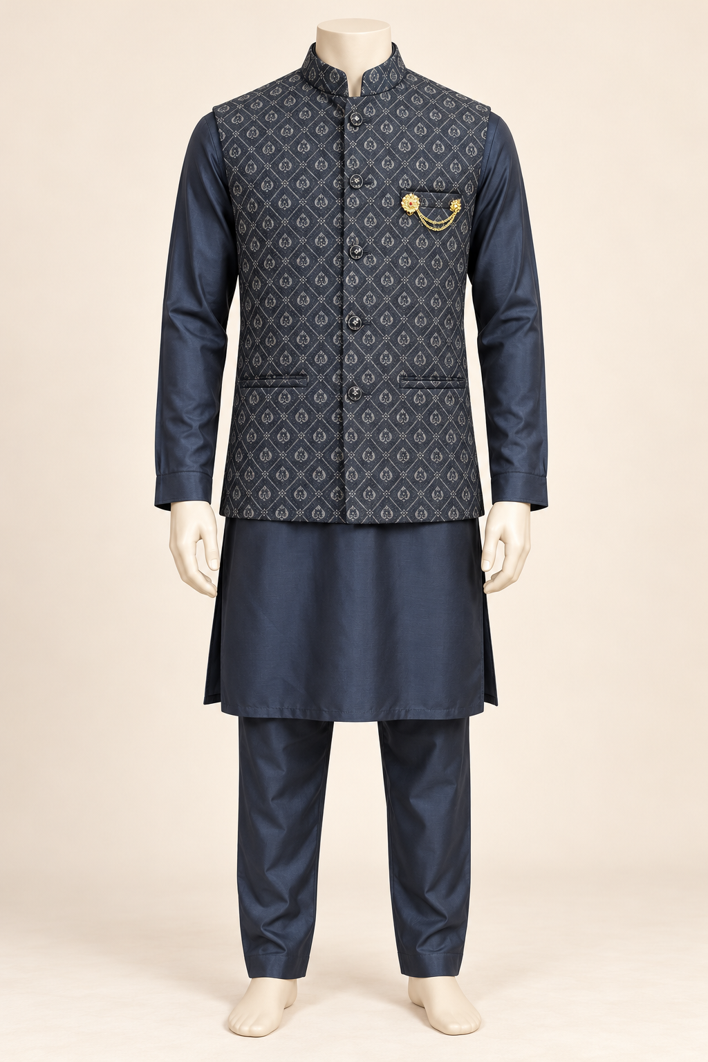 Slate Blue/Burgundy Kurta Pyjama Set with Diamond Pattern Nehru Jacket