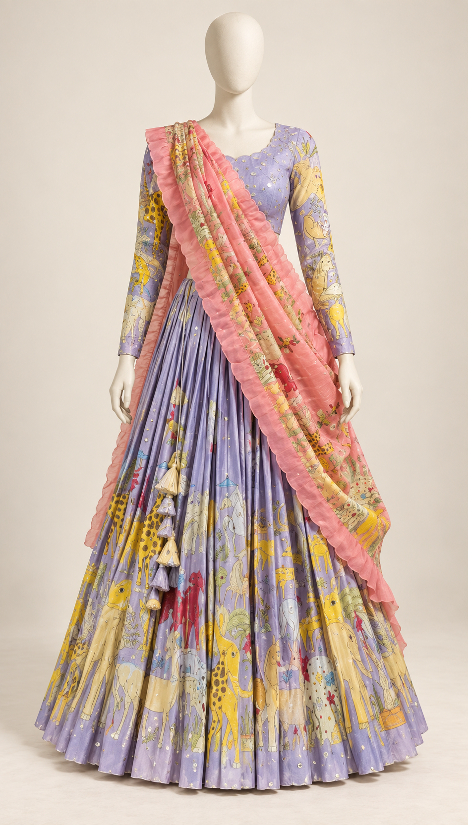 Lilac Animal-Print Lehenga Set with Ruffled Dupatta