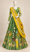 Green Animal-Print Lehenga Set with Yellow Ruffled Dupatta