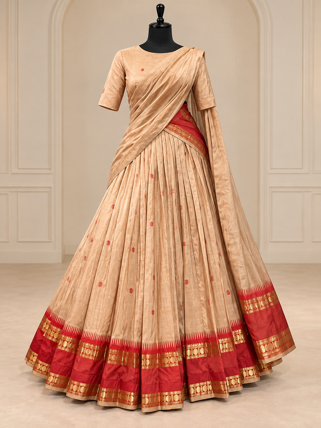 Beige and Red South Indian Half-Saree Set