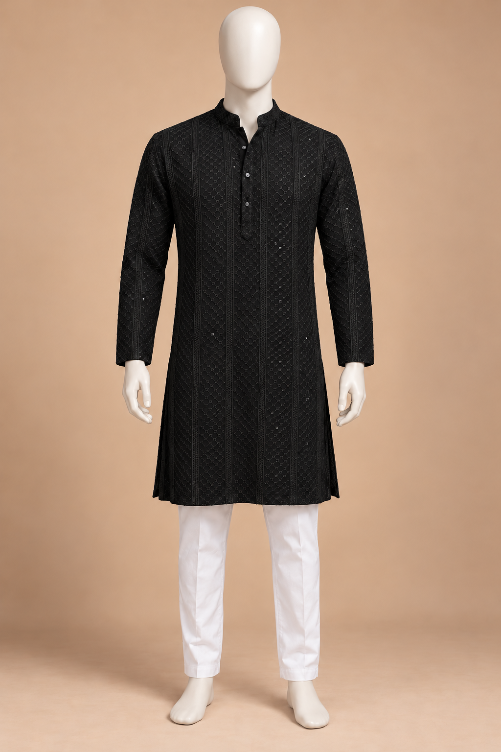 Black Lattice Embroidered Kurta with White Pyjama