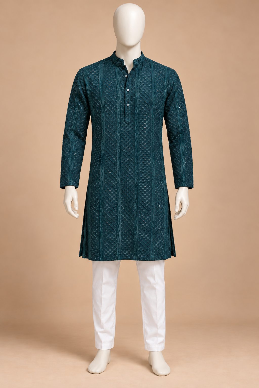 Deep Teal Lattice Embroidered Kurta with White Pyjama