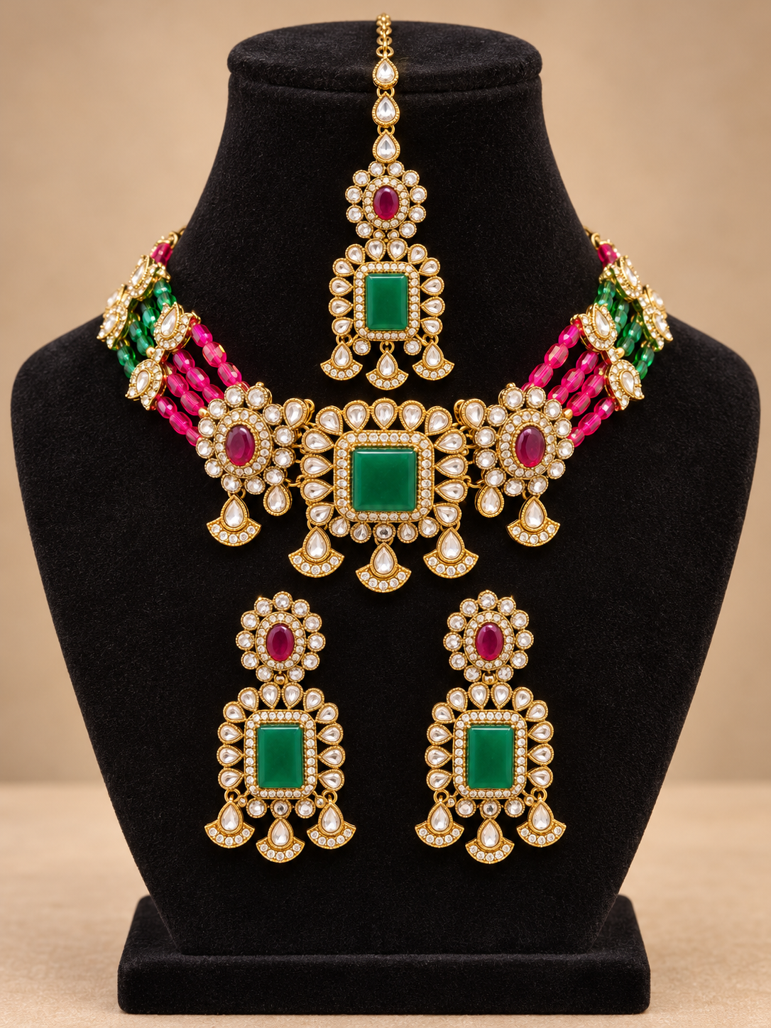 Royal Green & Magenta Choker Set with Earrings & Maangtikka