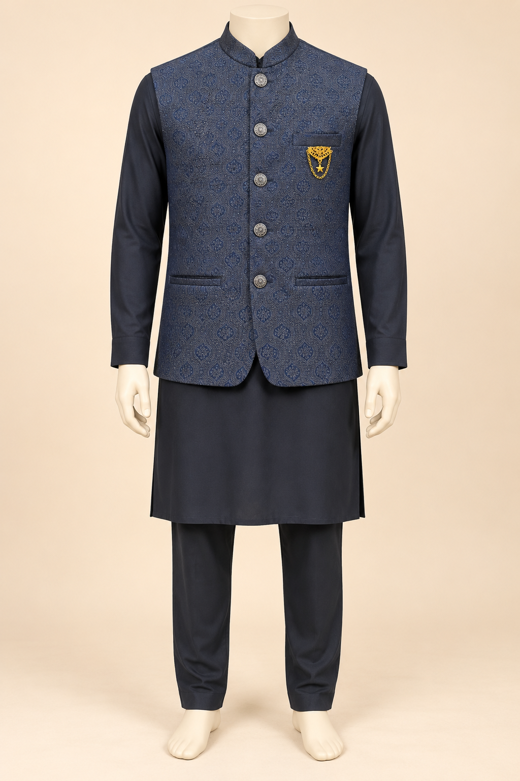Navy Kurta Pyjama Set with Tonal Floral Nehru Jacket