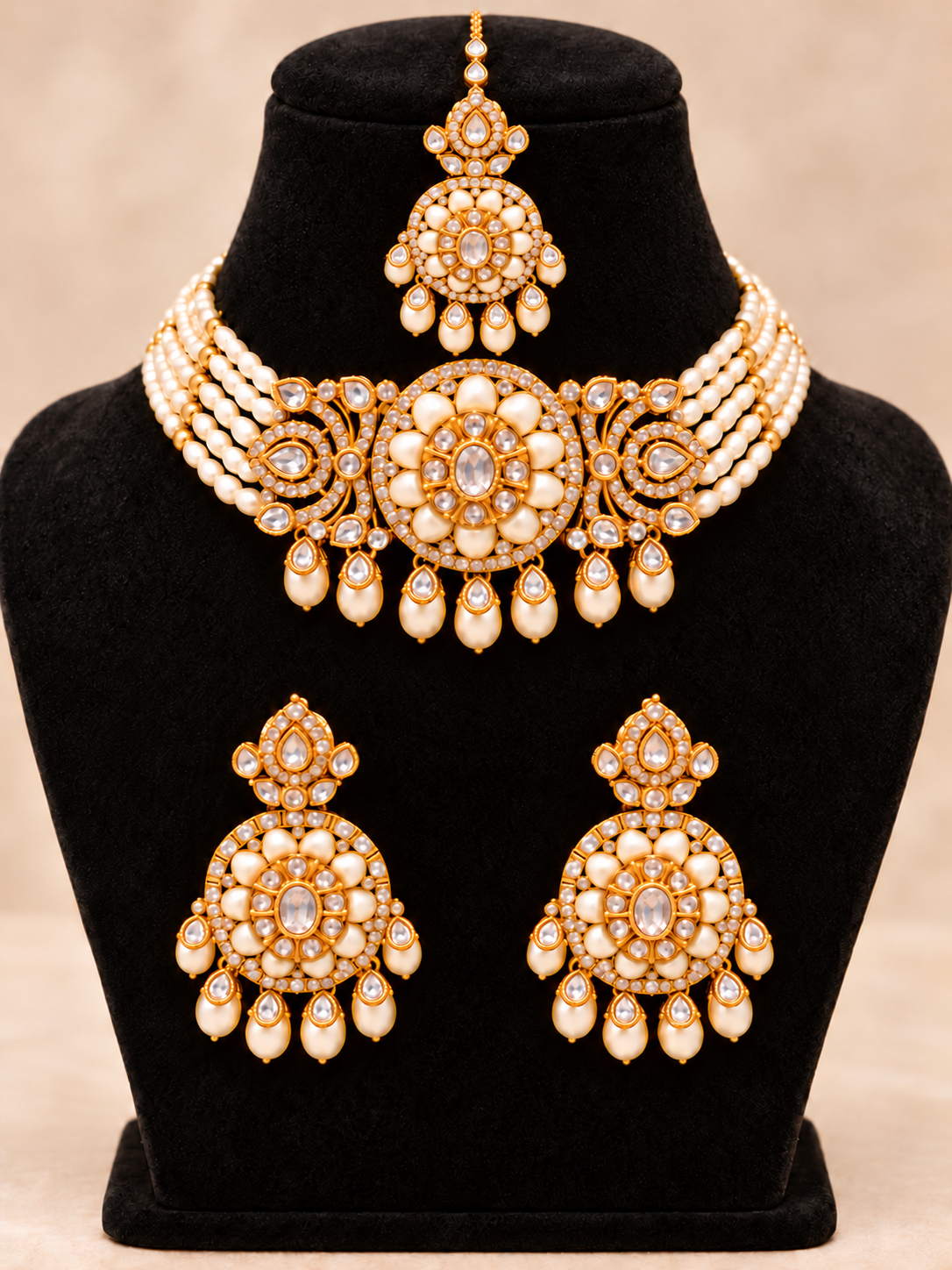 Ivory Floral Choker Set with Earrings & Maangtikka