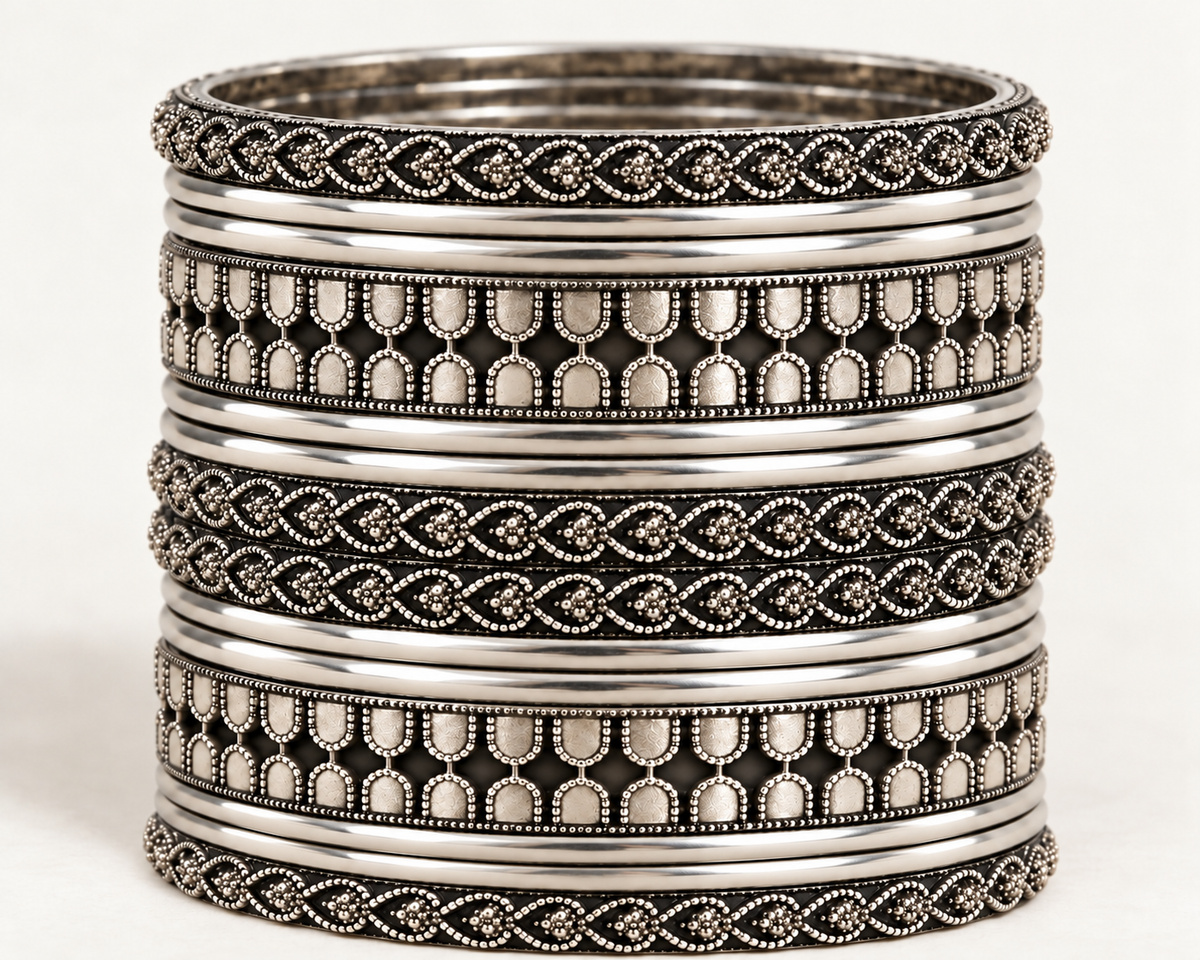 Oxidised Silver-Tone Teardrop & Textured Bangle Set