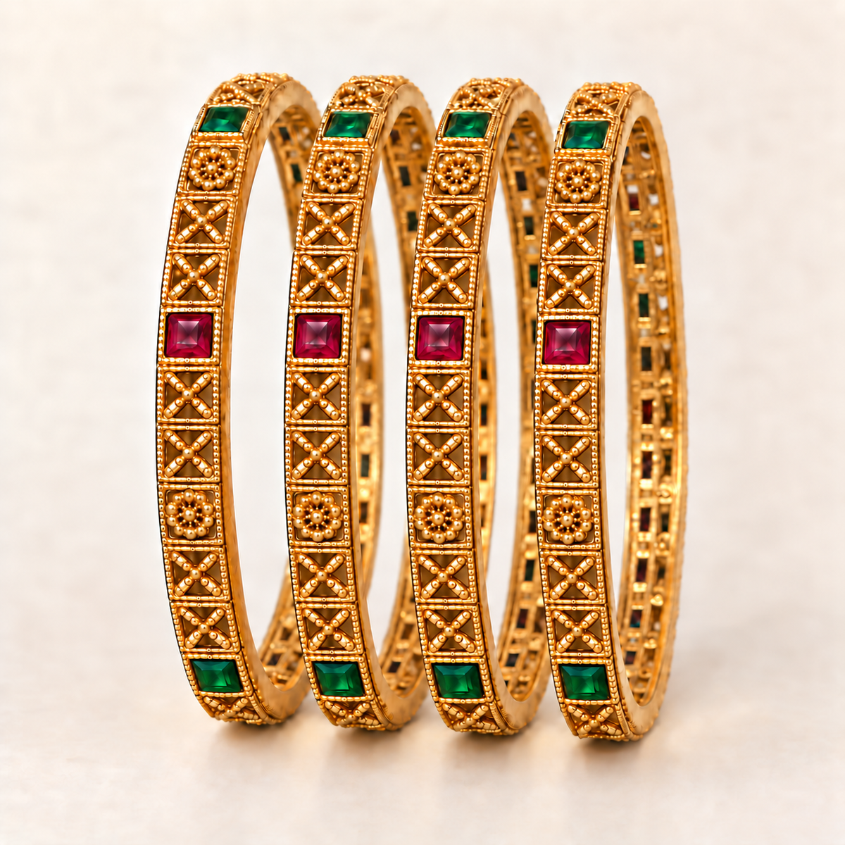 Gold-Plated Ruby & Emerald Stone Bangle Set of Four