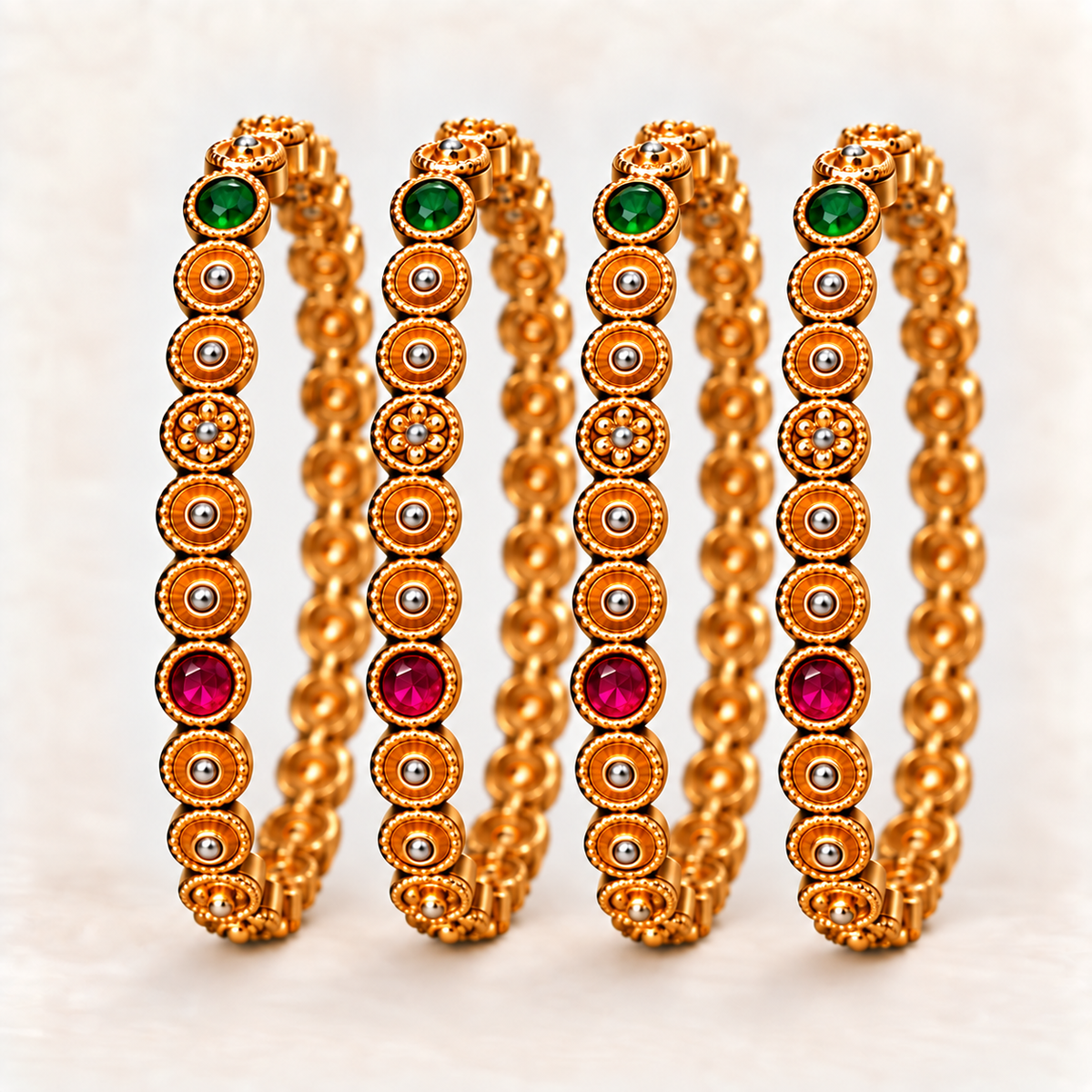 Gold-Plated Ruby & Emerald Medallion Bangle Set of Four