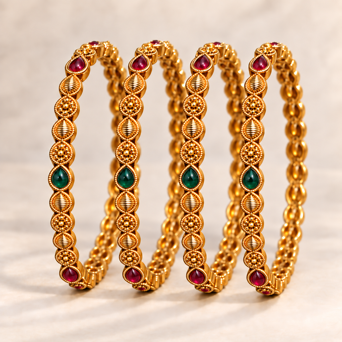 Gold-Plated Ruby & Emerald Teardrop Bangle Set of Four