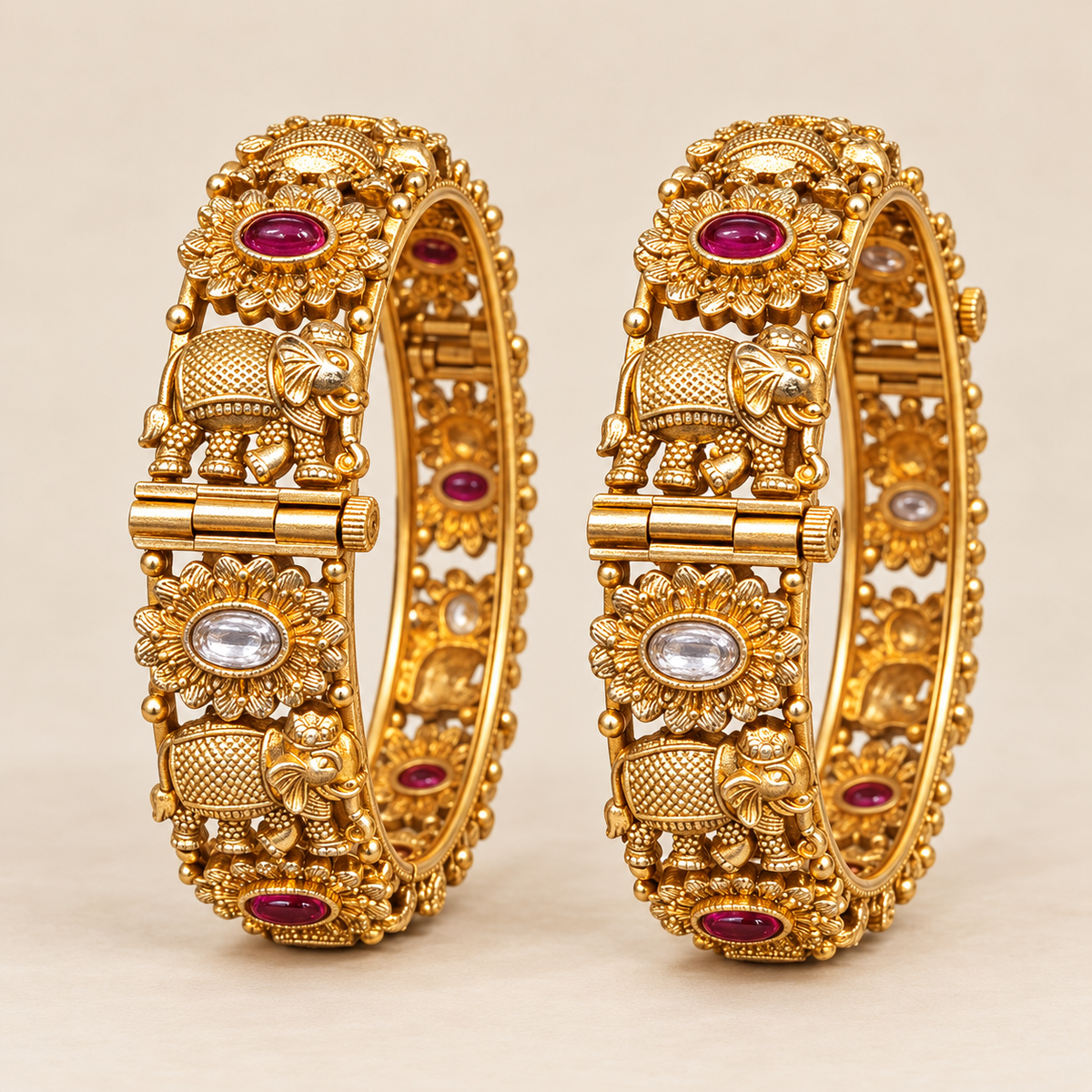 Gold-Plated Elephant Motif Ruby & White Stone Kangan Set