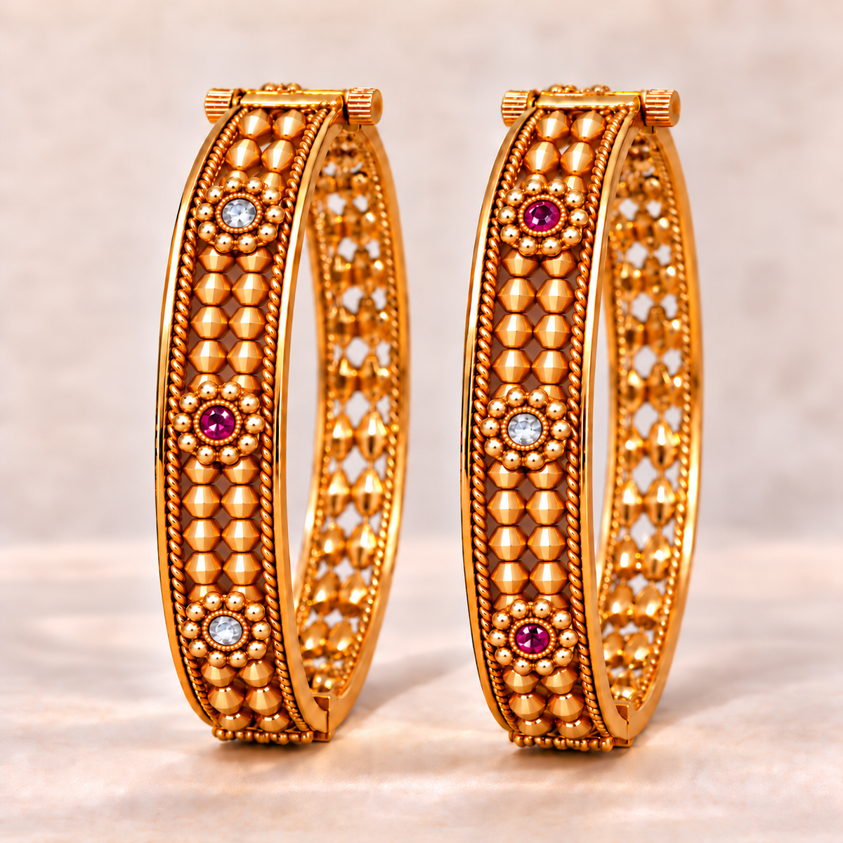 Gold-Plated Ruby & White Beaded Bangle Set