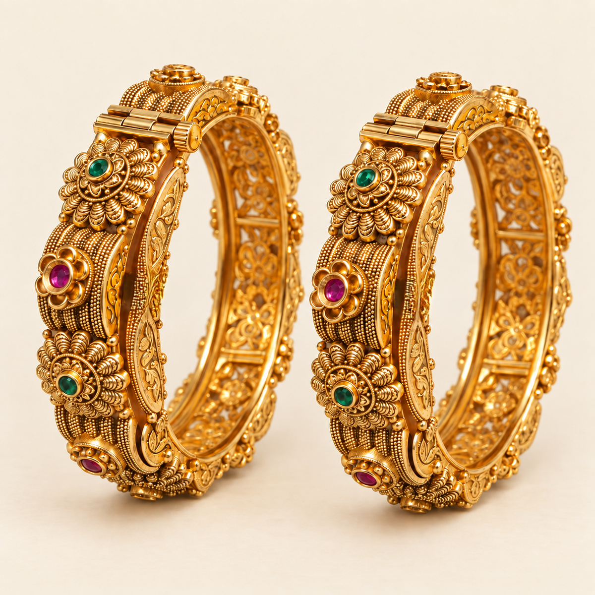 Antique Gold-Plated Green & Magenta Floral Kangan Set