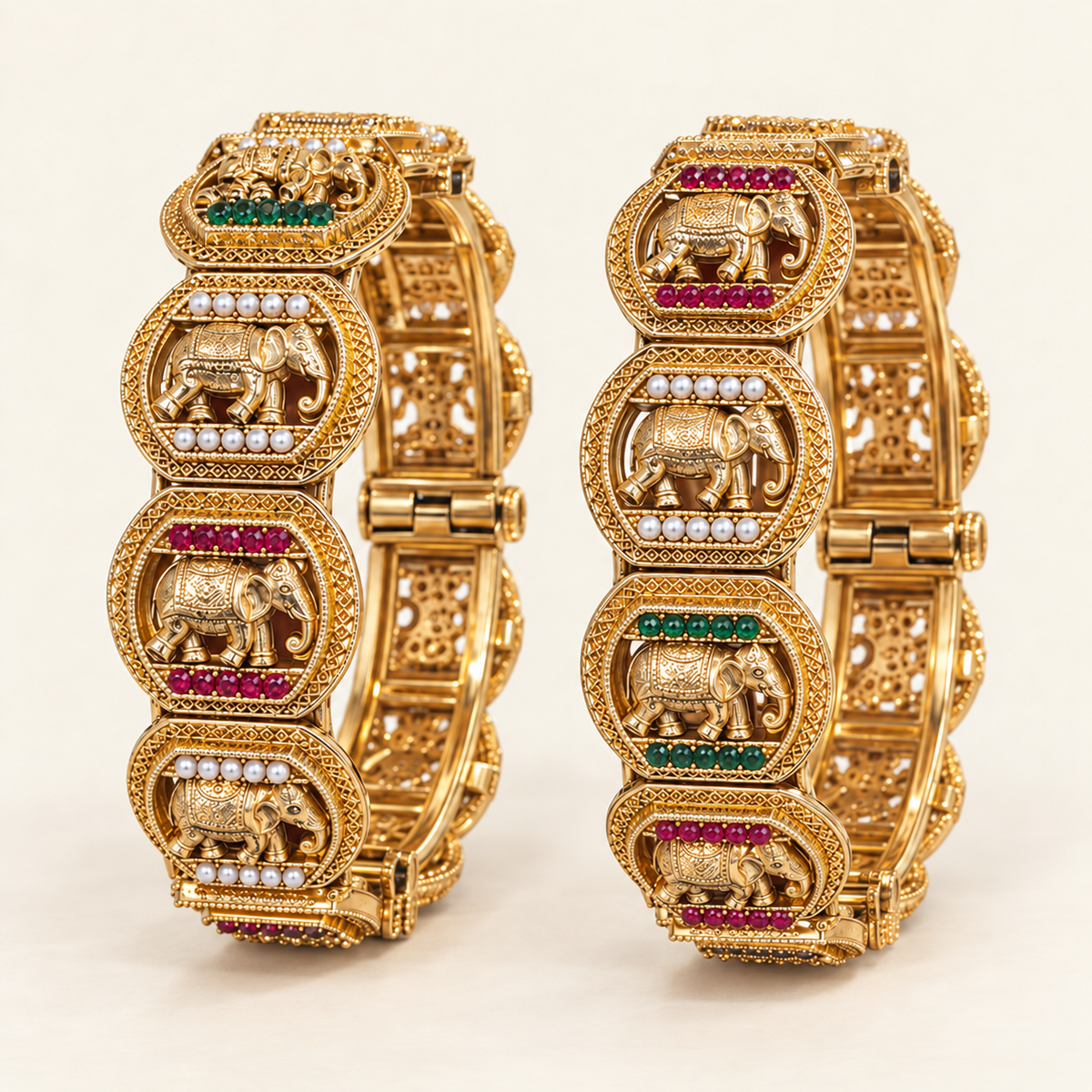 Gold-Plated Elephant Motif Pearl Kangan Set