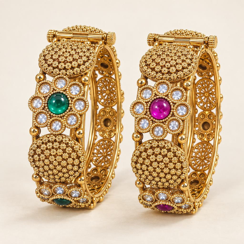 Gold-Plated Green & Magenta Floral Kangan Set