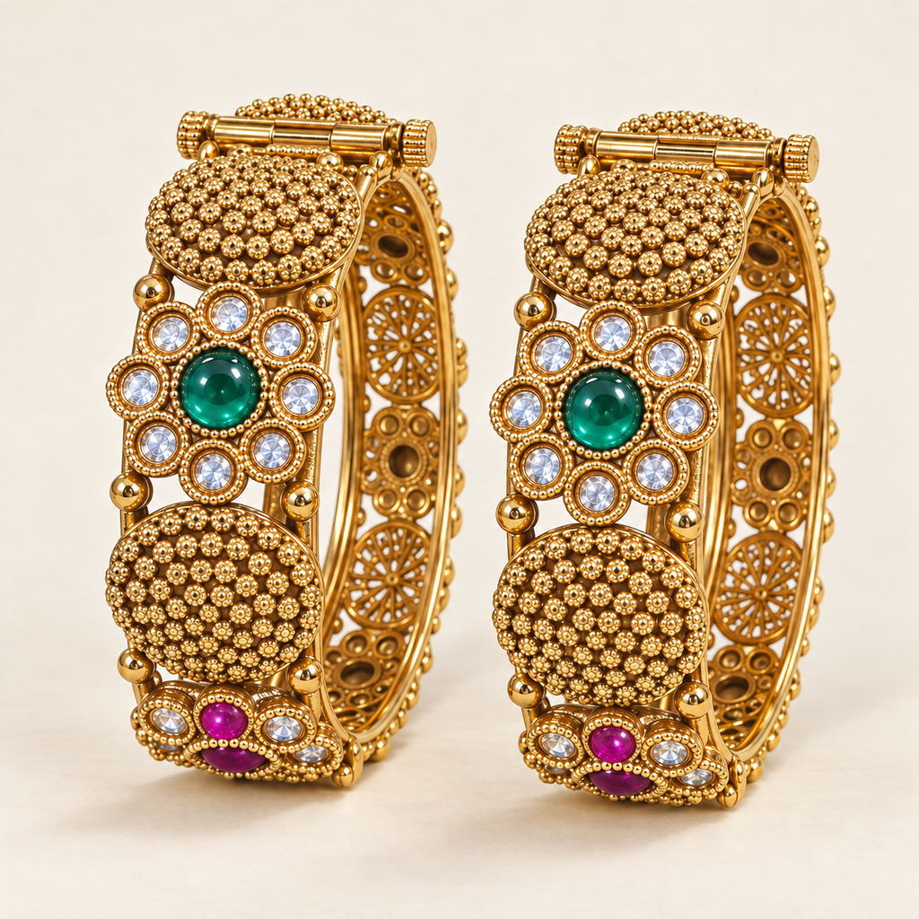 Gold-Plated Green & Magenta Floral Kangan Set