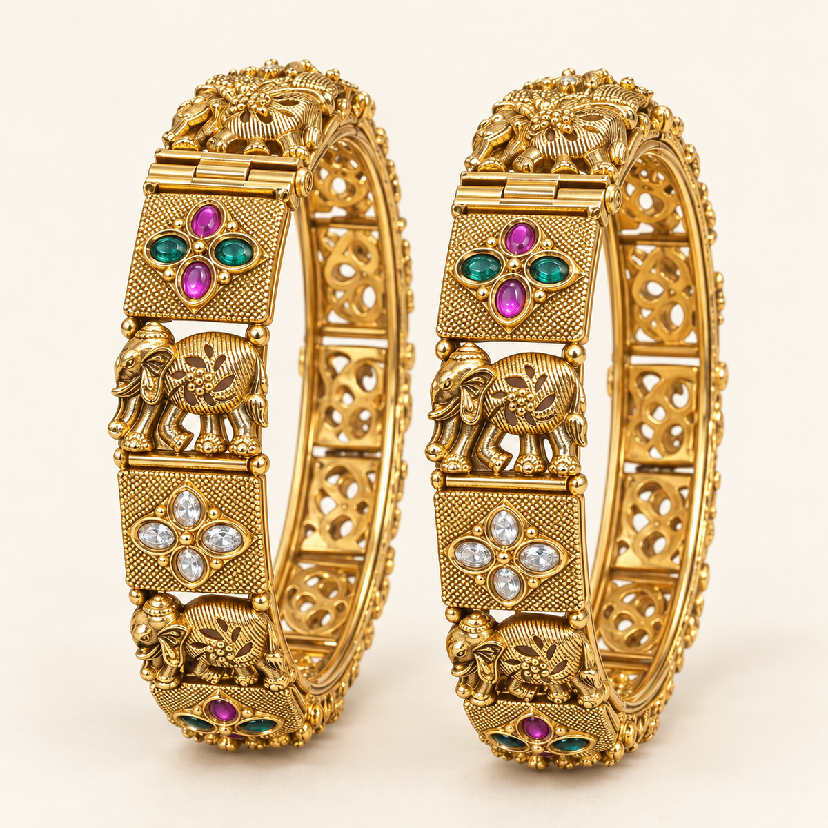 Gold-Plated Elephant Motif Multicolour Kangan Set