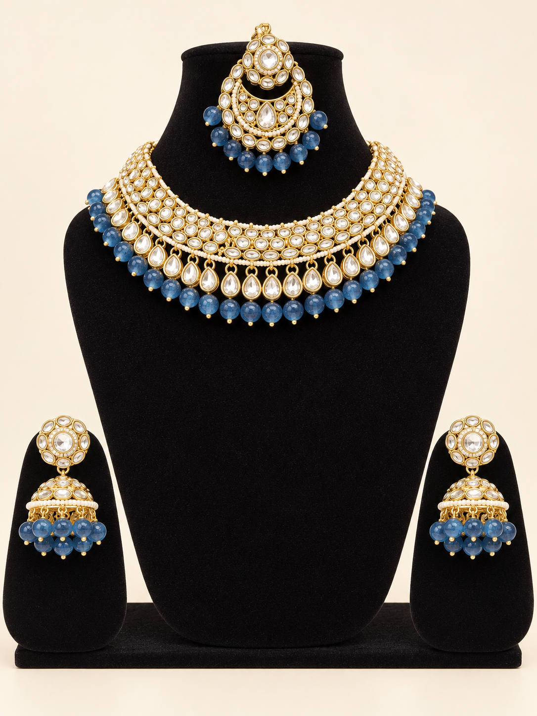 Blue Beaded Kundan-Style Choker Jewellery Set