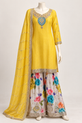 Yellow Embroidered Kurta with Floral Palazzo & Dupatta