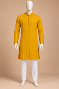 Golden Yellow Lattice Embroidered Kurta with White Pyjama