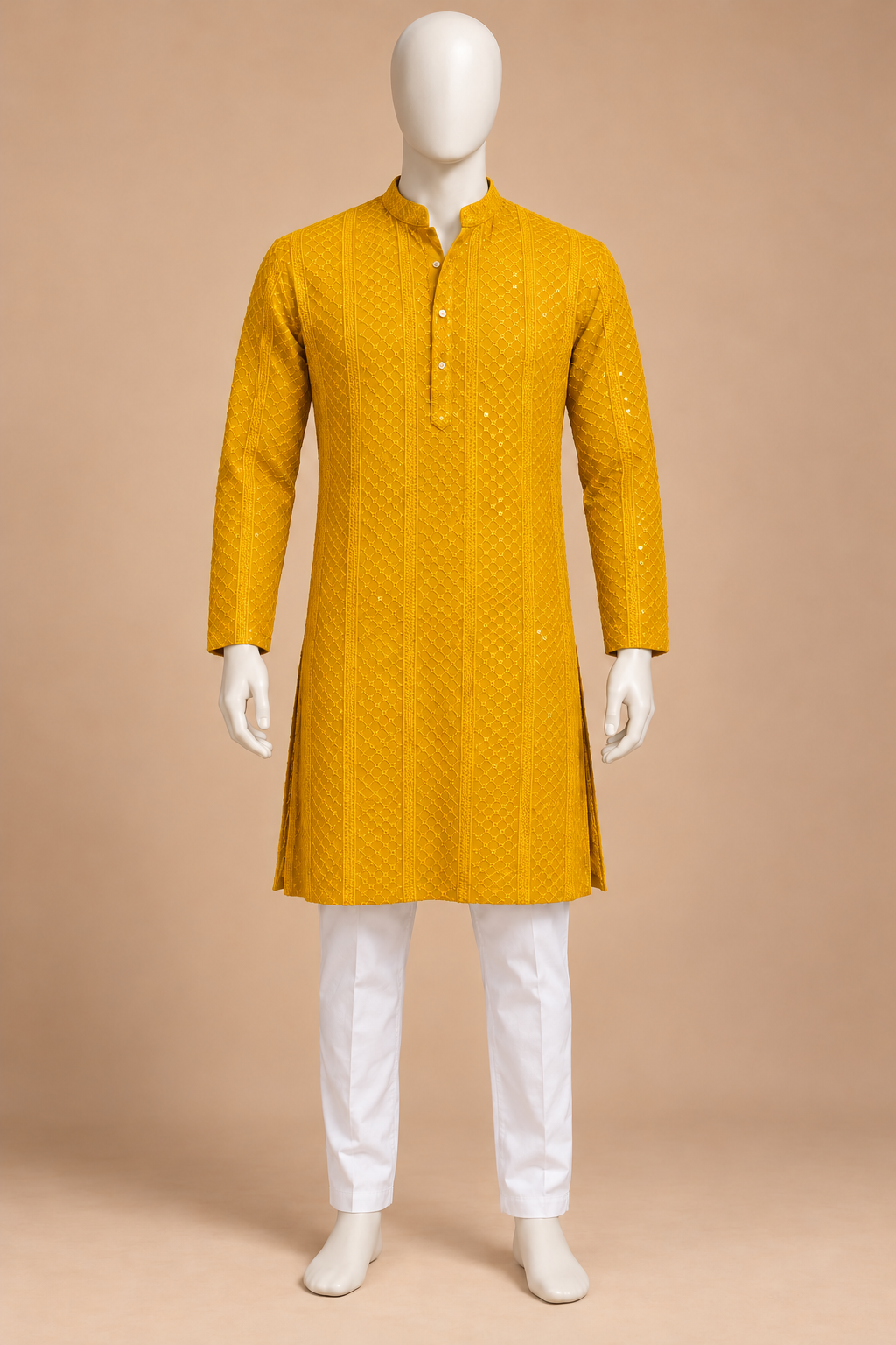 Golden Yellow Lattice Embroidered Kurta with White Pyjama