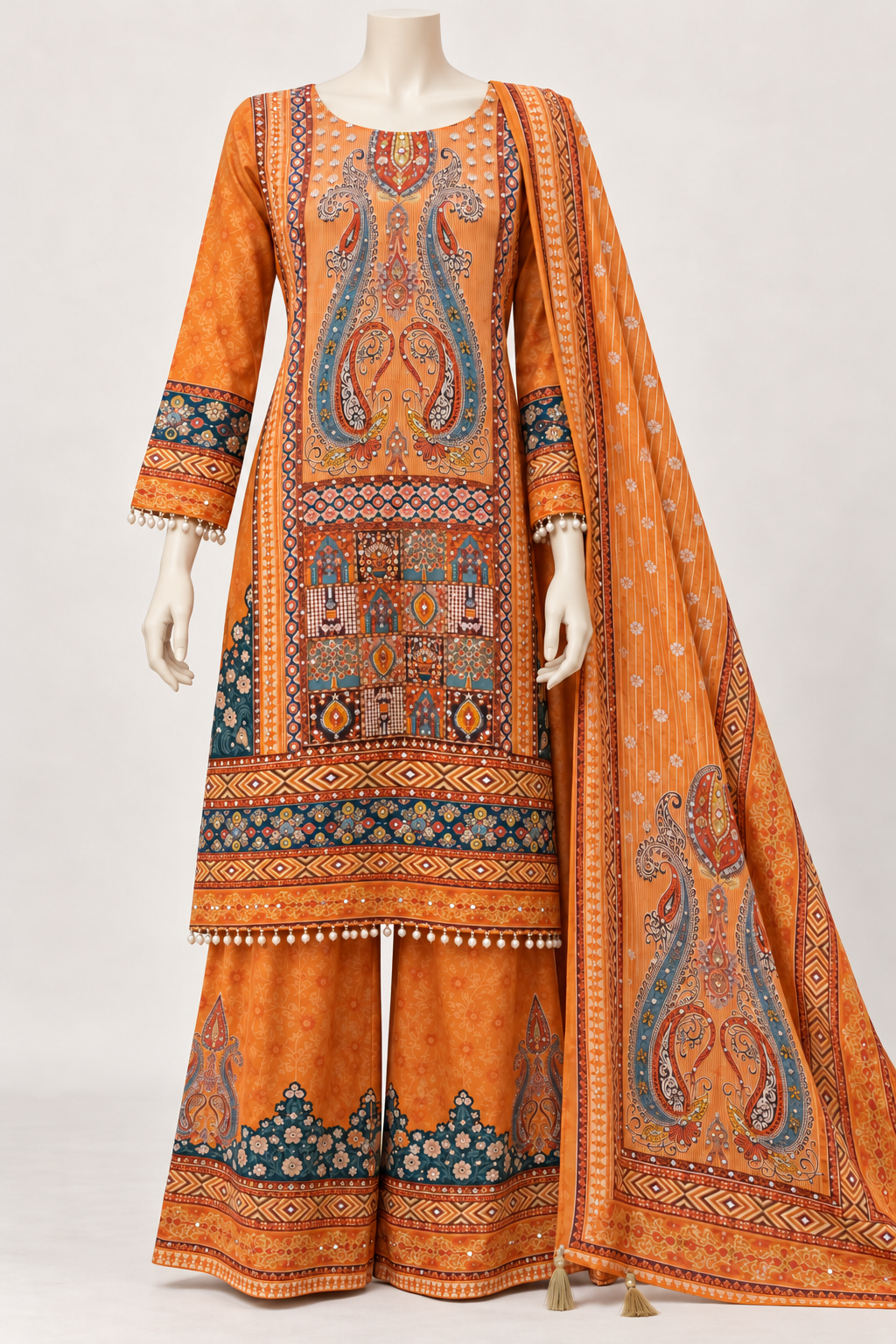 Orange Paisley Kurta & Palazzo Set with Dupatta