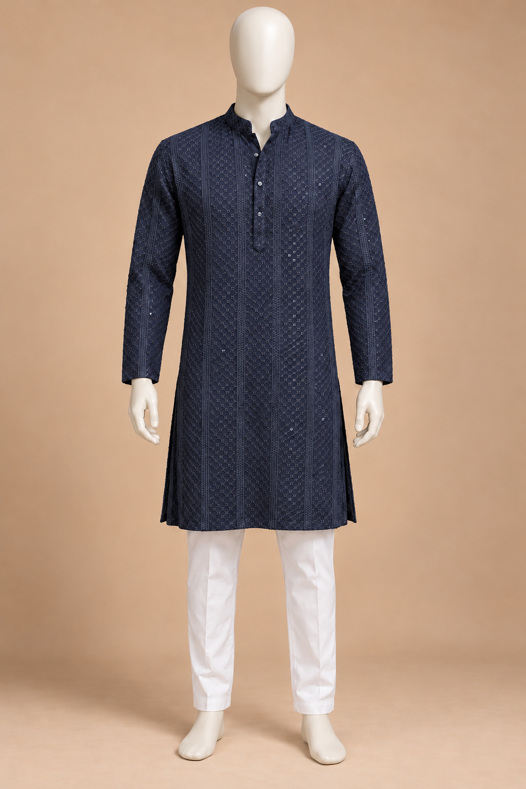 Navy Blue Lattice Embroidered Kurta with White Pyjama