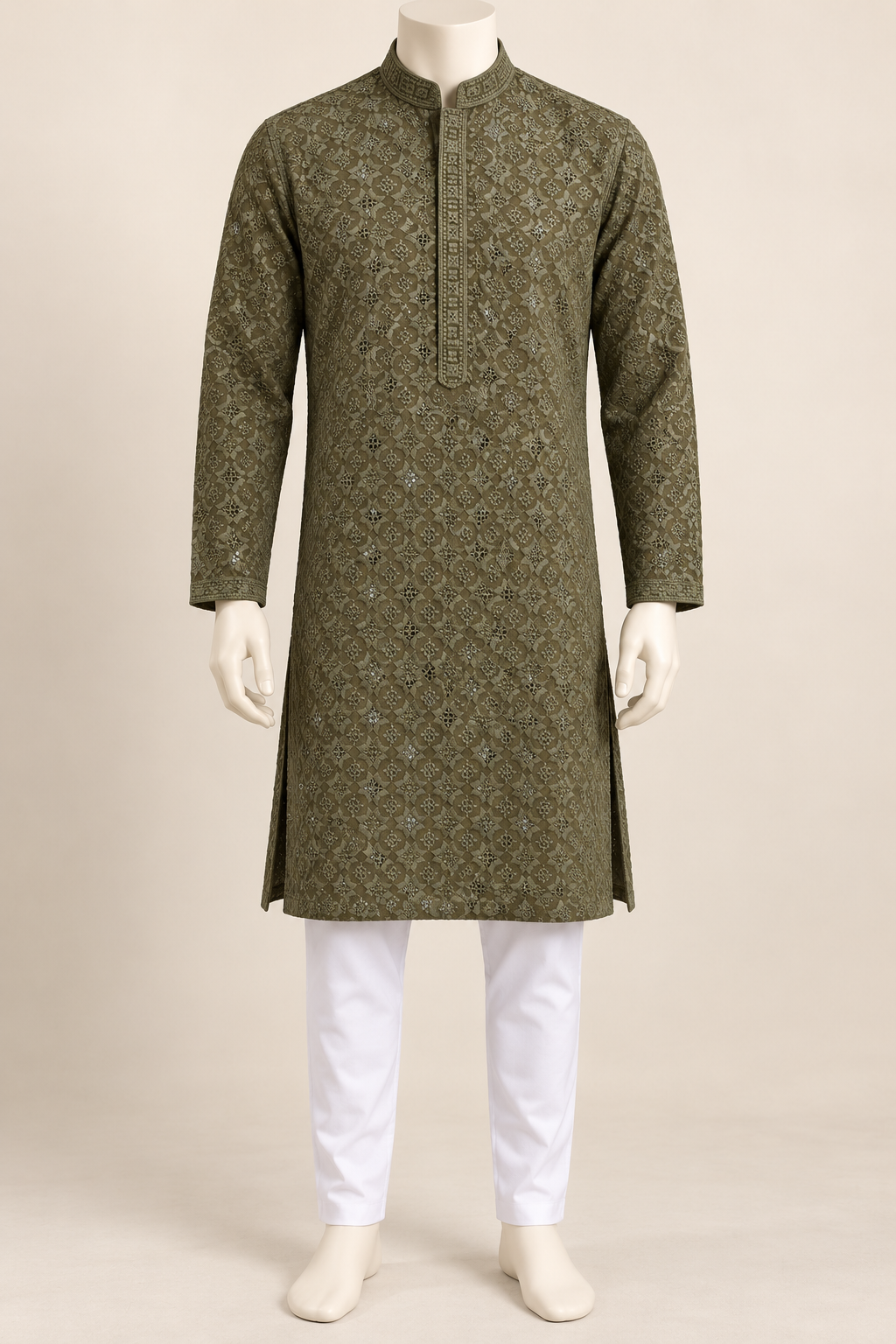 Olive Green Geometric Embroidered Kurta