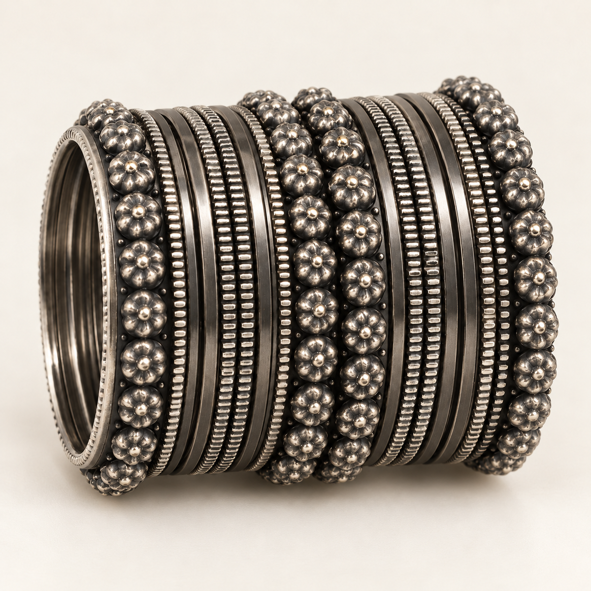 Oxidised Silver-Tone Floral Bangle Set