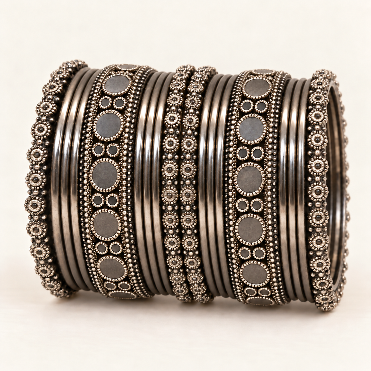 Oxidised Silver-Tone Circular Motif Bangle Set