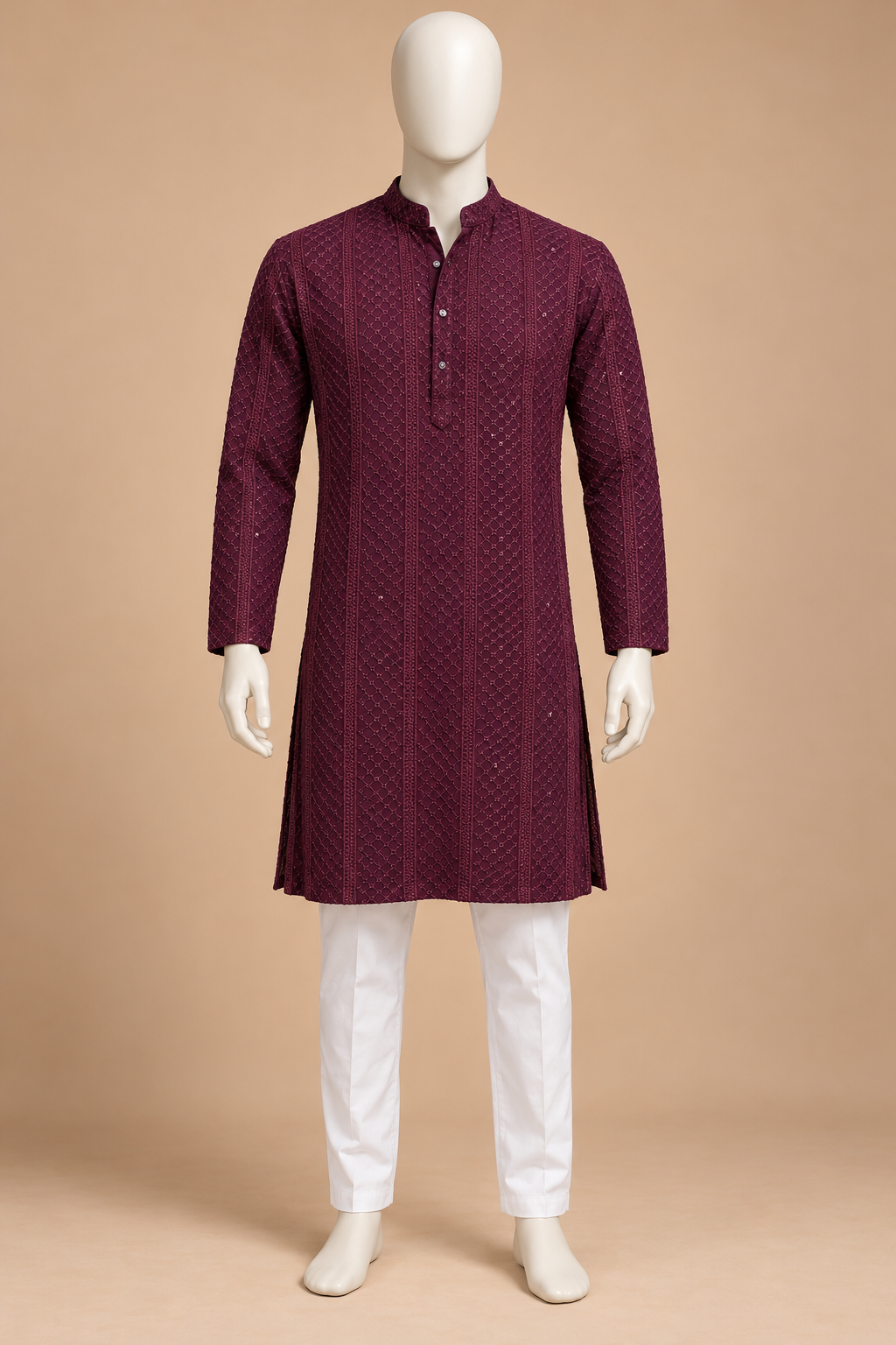 Plum Purple Lattice Embroidered Kurta with White Pyjama