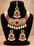 Regal Red & Green Pearl-Drop Choker Set with Earrings & Maangtikka