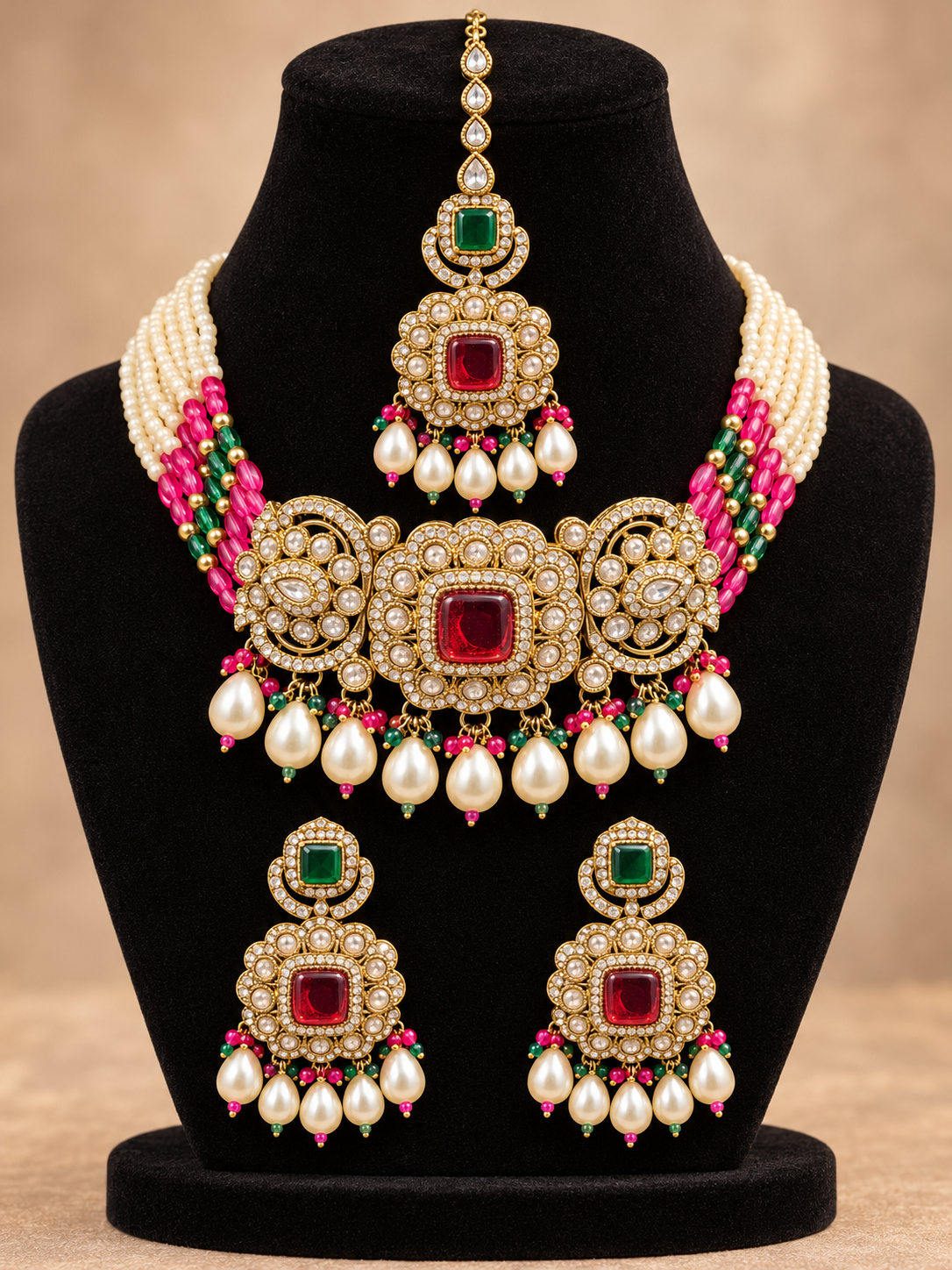 Regal Red & Green Pearl-Drop Choker Set with Earrings & Maangtikka