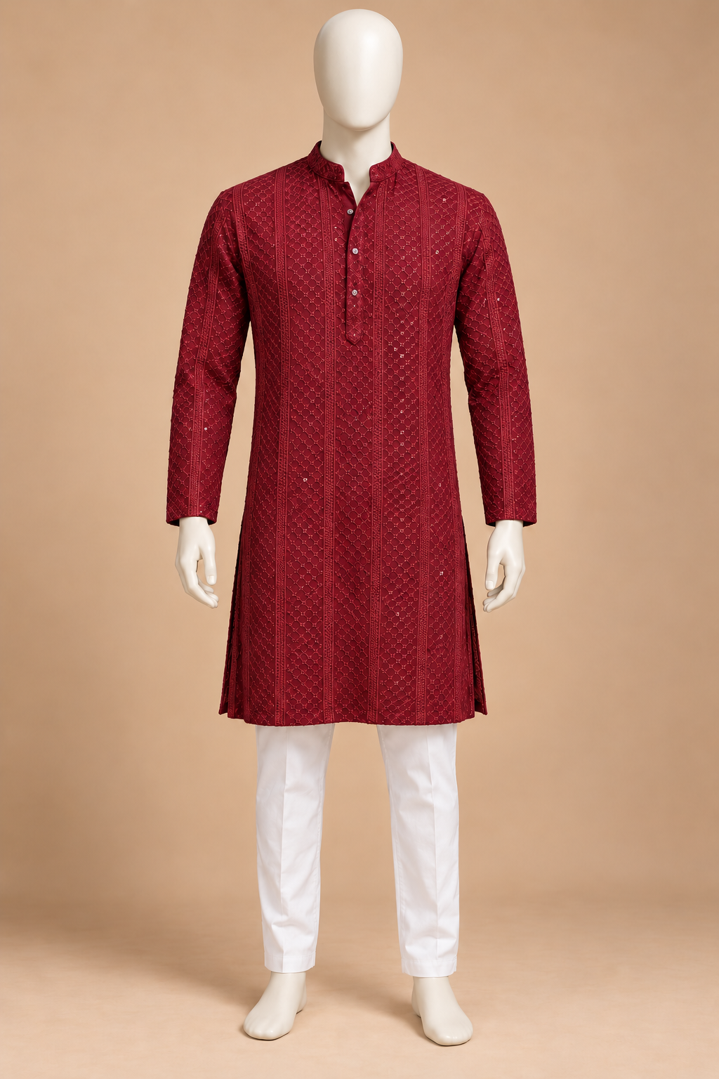 Ruby Red Lattice Embroidered Kurta with White Pyjama