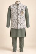 Sage Green Kurta Pyjama Set with Ivory Floral Nehru Jacket