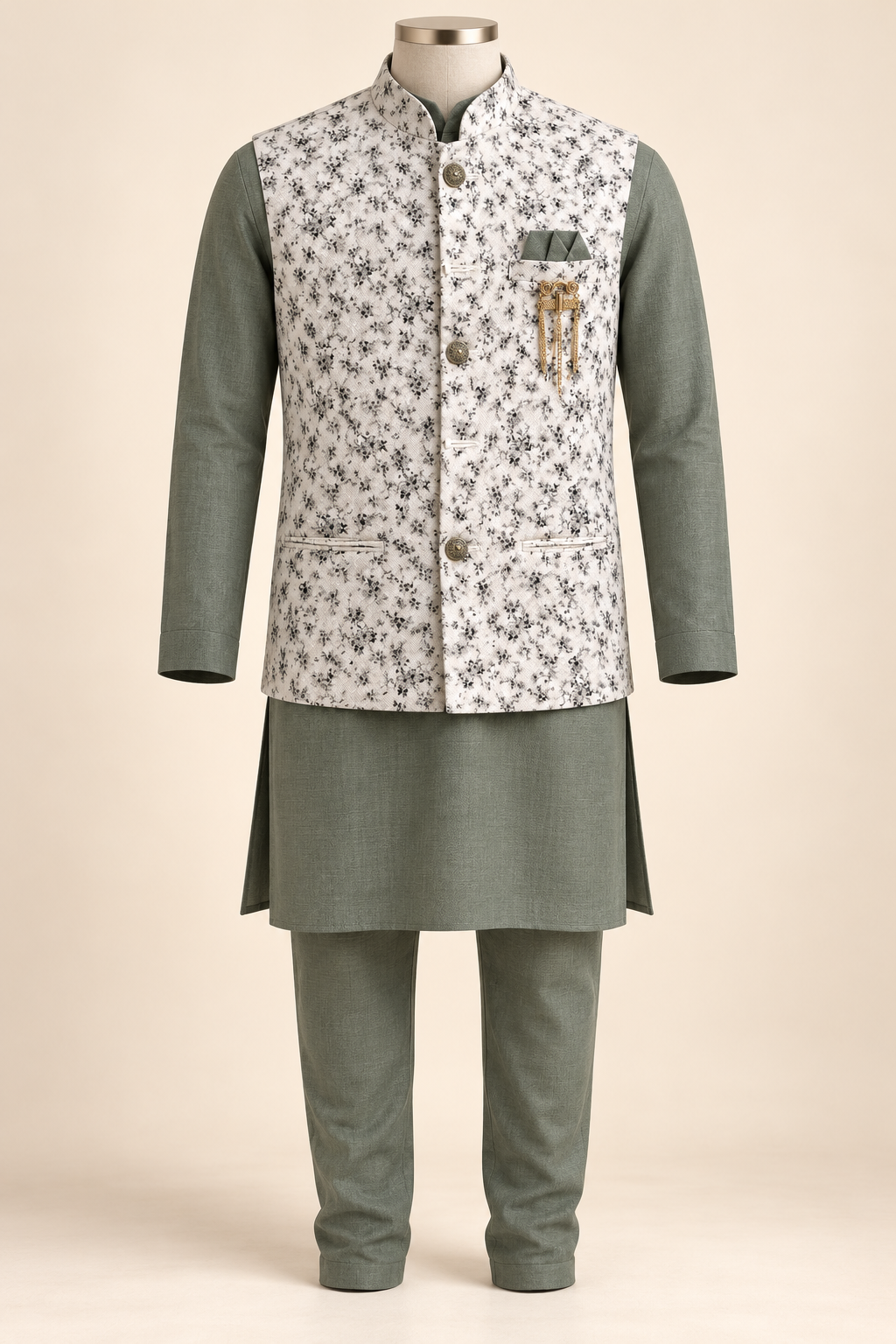 Sage Green Kurta Pyjama Set with Ivory Floral Nehru Jacket